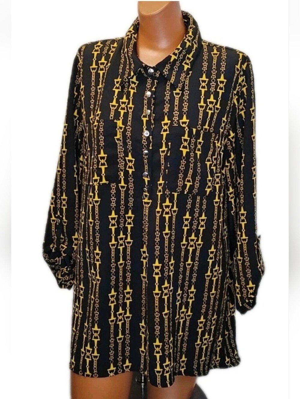 Rockabilly Equestrian Horsebits Popover Shirt L Black Qtr Button Rebecca Malone